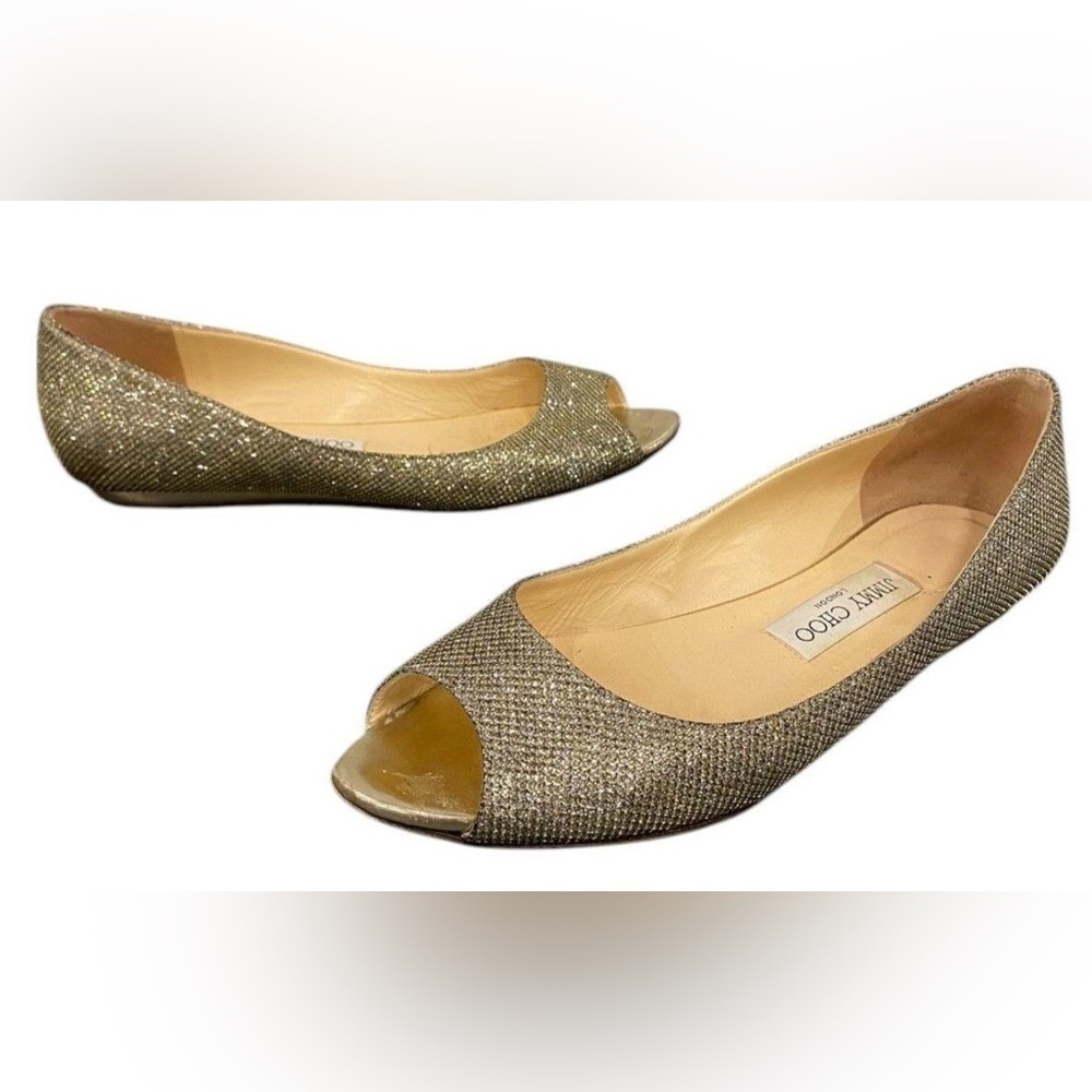 JIMMY CHOO Flat pumps sz 39 is 8-8.5 GOLD sequins Open toe ladies shoes Italy
